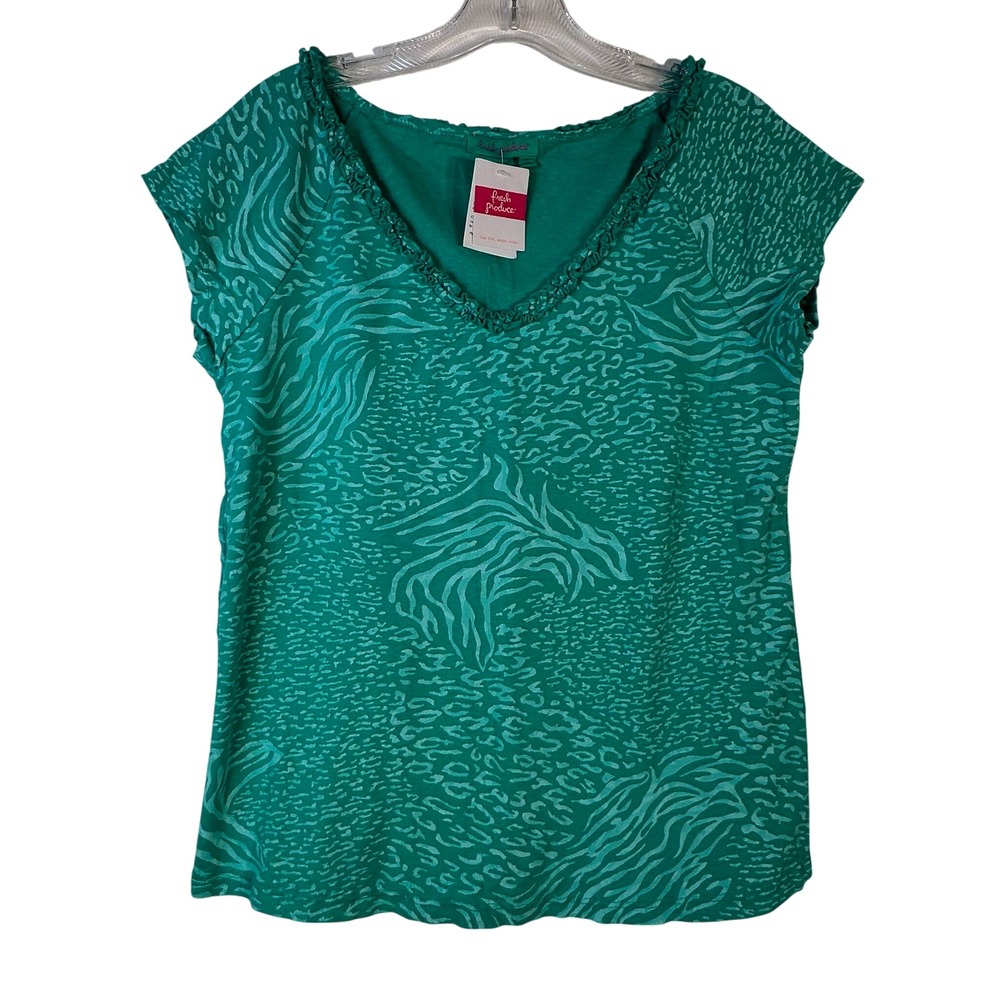 Fresh Produce Tunisia Ruffle V Neck T Springβ Green Animal Print Top Large NEW